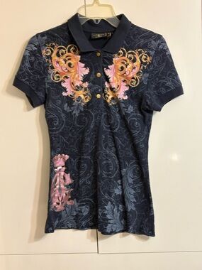 Christian Audigier Heavily Beaded Black Polo with Gold Logo Detail